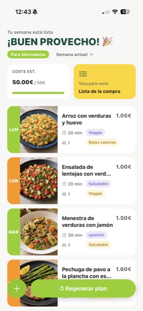 Plan semanal y lista de la compra en Super